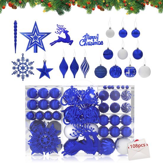 108 Stuks Kerstballen Kleine Kerstboomballen Kunststof Met Hangketting Kerstdecoratie Ballen Kerstversiering Deko Kerstboomversiering, Blauwe