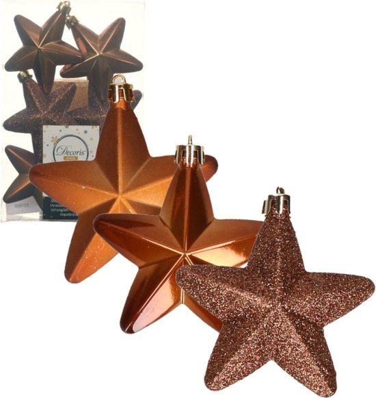 Decoris kersthanger sterren - 6x st - kaneel bruin - 7 cm - kunststof - kerstornamenten - kerstversiering