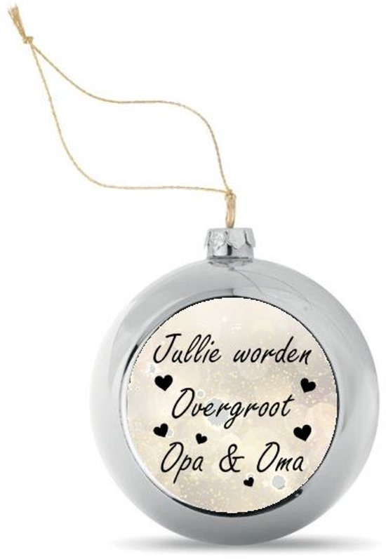 Kerstbal Zilverkleurig Sterrenachtergrond met Tekst Jullie worden overgroot Opa & Oma - Zwangerschap aankondigen - Bekendmaking Zwangerschap - Zwangerschapsaankondiging - 8 cm Ø - Afbeelding 5 cm Ø Let op: ** zie beschrijving