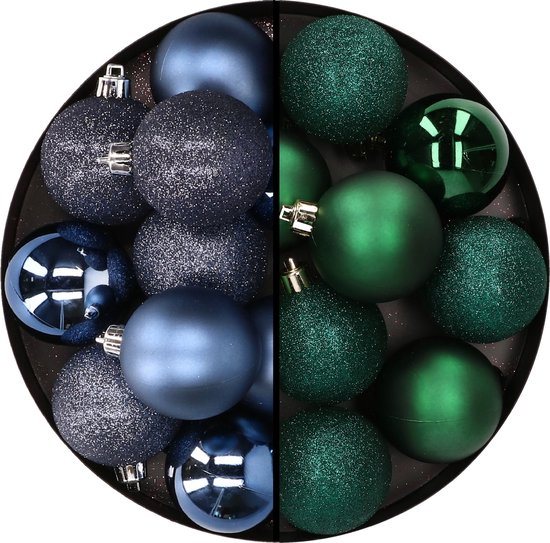 24x stuks kunststof kerstballen mix van donkerblauw en donkergroen 6 cm - Kerstversiering