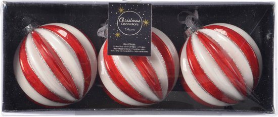 Decoris Luxe kerstballen - 6x - rood/wit gestreept - D8 cm - glas - glitter - brass - Kerstversiering/kerstboomversiering