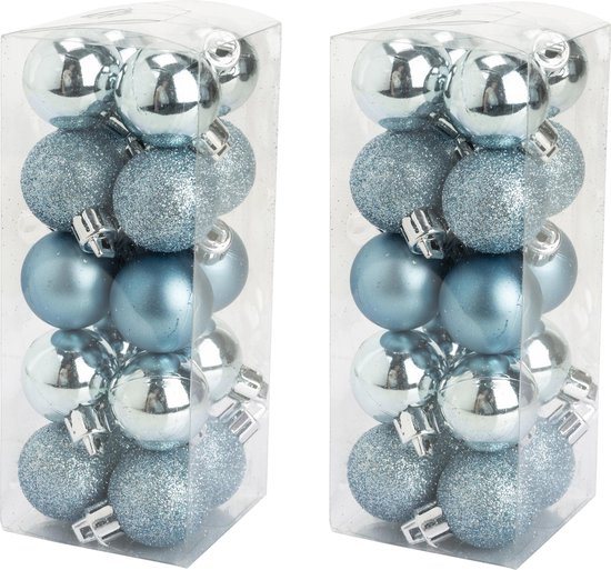 40x stuks kleine kunststof kerstballen ijsblauw - Mat/glans/glitter - Onbreekbare plastic kerstballen - Kerstversiering