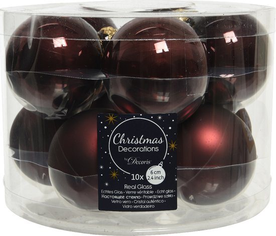 Decoris Kerstballen set - 10x stuks - glas - mahonie bruin - 6 cm - glans/mat - kerstversiering