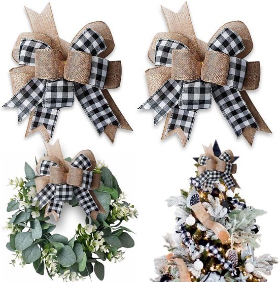 Sander Shop Buffalo Plaid Jute Strikken voor Krans 2-Pack, 12"x9.4" Grote Rustieke Boerderij Decoratie Boomtopper Check Strik Decoraties voor Herfst Bruiloft Vakantie Feest Muur Huis Voordeur Decoratief (Zwart & Wit)