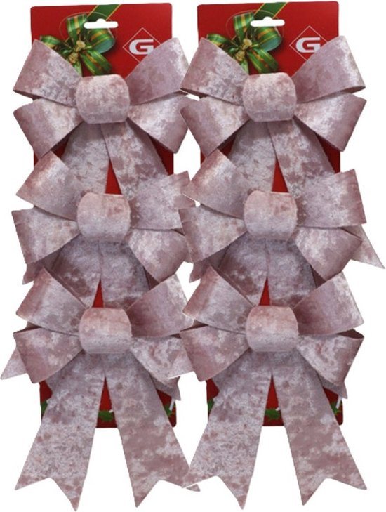 Gerimport kerstornamenten strikken - 6x st- velvet roze - 6x24 cm - kerstboomstrikjes
