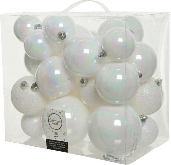 Decoris Kerstballen - 26x st - parelmoer wit - 6-8-10 cm - kunststof - kerstversiering