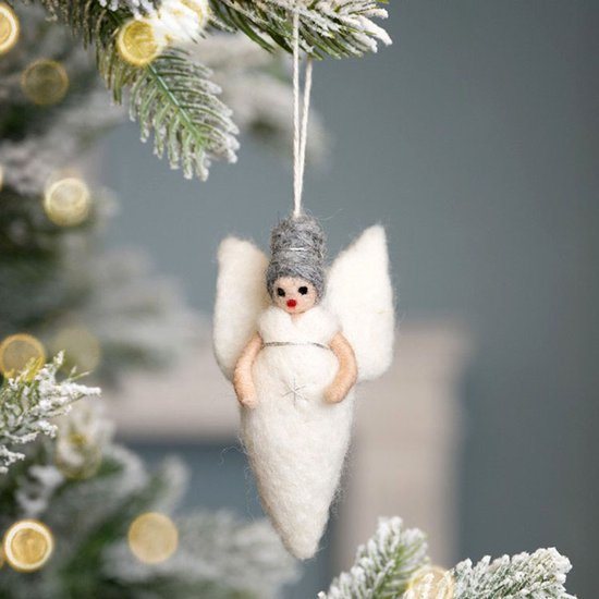 Wolvilt Hanger Engeltje Kerst - Wit&Zilver - Fairtrade Homedeco - 13x7cm