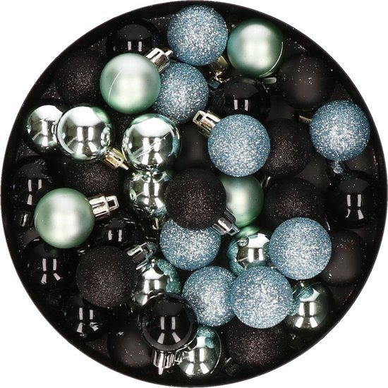Kerstballen mix - Set van 40x stuks - kunststof - zwart en mintgroen - Dia 3 cm - Kerstversiering - kleine balletjes voor mini boompjes