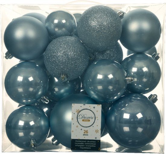 Decoris Kerstballen - 26x st - lichtblauw - 6-8-10 cm - kunststof - kerstversiering