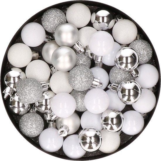 Kerstballen mix - Set van 40x stuks - kunststof - wit en zilver - Dia 3 cm - Kerstversiering - kleine balletjes voor mini boompjes