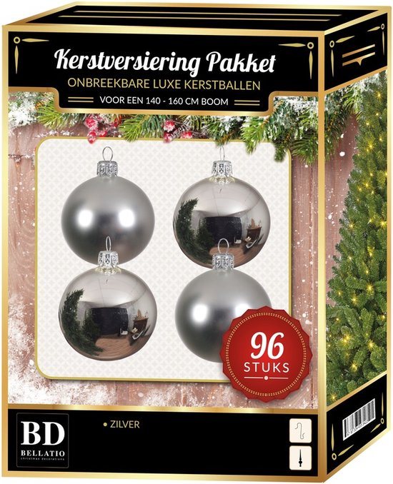 Kerstbal en ster piek set 96x zilver - voor 180 cm boom - Kerstboomversiering zilver