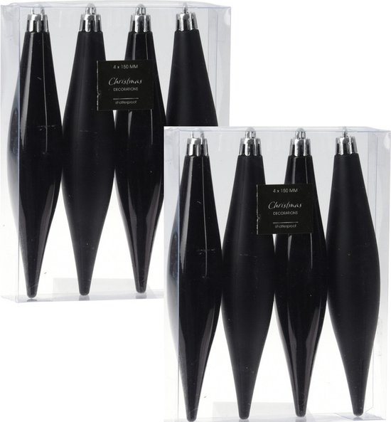 8x stuks kunststof ijspegels kersthangers zwart 15 cm mat/glans - mat/glans - Kerstboomversiering