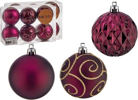 Krist+ gedecoreerde kerstballen -18x st - wijn rood/bordeaux- kunststof - 6 cm