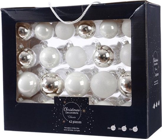 Decoris kerstballen mix - 42 Stuks - Glas - Zilver/wit