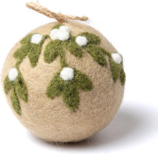 Kerstbal Vilt - Mistletoe Large Rond - Beige & Groen & Wit - 8cm - Fairtrade