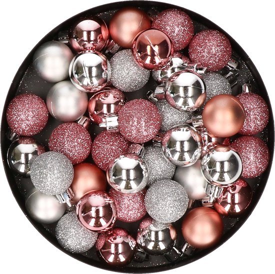 Kerstballen mix - Set van 40x stuks - kunststof - roze en zilver - Dia 3 cm - Kerstversiering - kleine balletjes voor mini boompjes