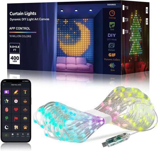 Sounix LED Lichtgordijn Sfeerverlichting met Afstandsbediening - 2 meter - RGB - 400 LED lichten - LED Kerstverlichting Lichtgordijn