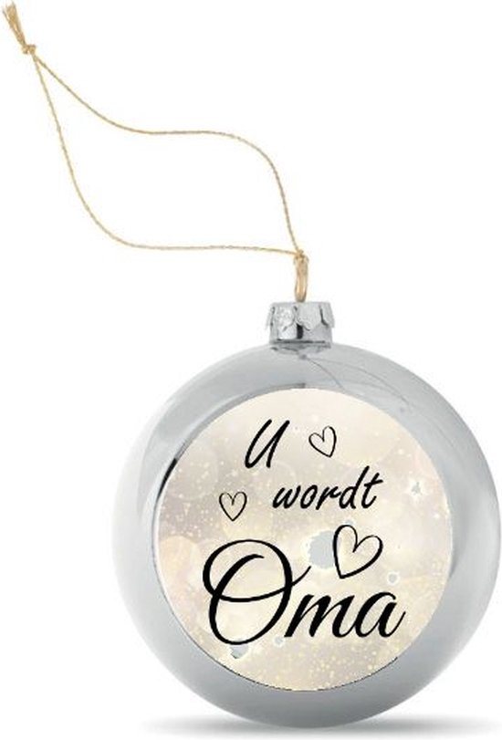 Kerstbal Zilverkleurig met Tekst U wordt Oma - Zwangerschap aankondigen - Bekendmaking Zwangerschap - Zwangerschapsaankondiging - 8 cm Ø - Afbeelding 5 cm Ø