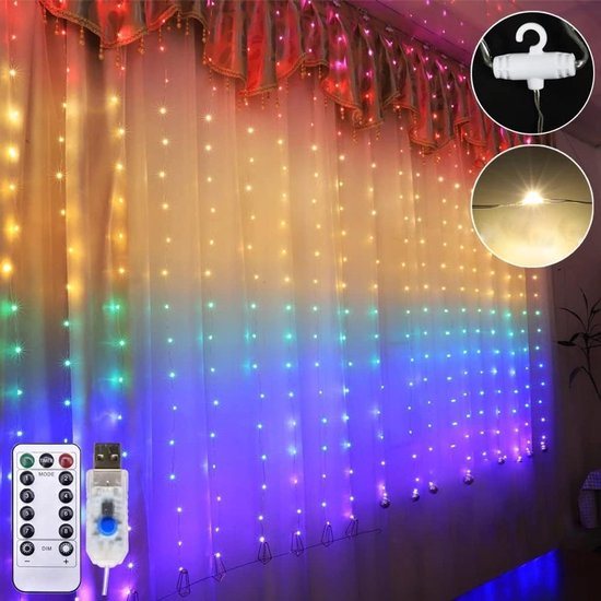 LED Lichtgordijn Sfeerverlichting - Inclusief Afstandsbediening - Met haak - 8 Functies - 300 LED's – 3x2m - Kerstversiering - Lichtgordijn - Versiering - voor bruiloften, feesten, huis, tuin, slaapkamer, buiten- en binnenmuurdecoratie - kleur