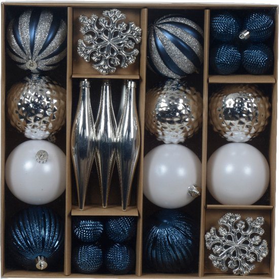 Decoris Kerstballen en ornamenten set -46-delig - blauw/wit/zilver -kunststof - kerst