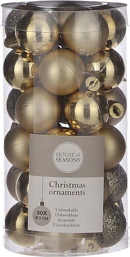 Kleine kunststof kerstballen pakket goud 3 cm - 30x stuks gouden mini kerstballen