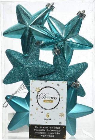 6x Turquoise blauwe sterren kerstballen 7 cm - Glans/mat/glitter - Onbreekbare plastic kerstballen - Kerstboomversiering Turquoise blauw