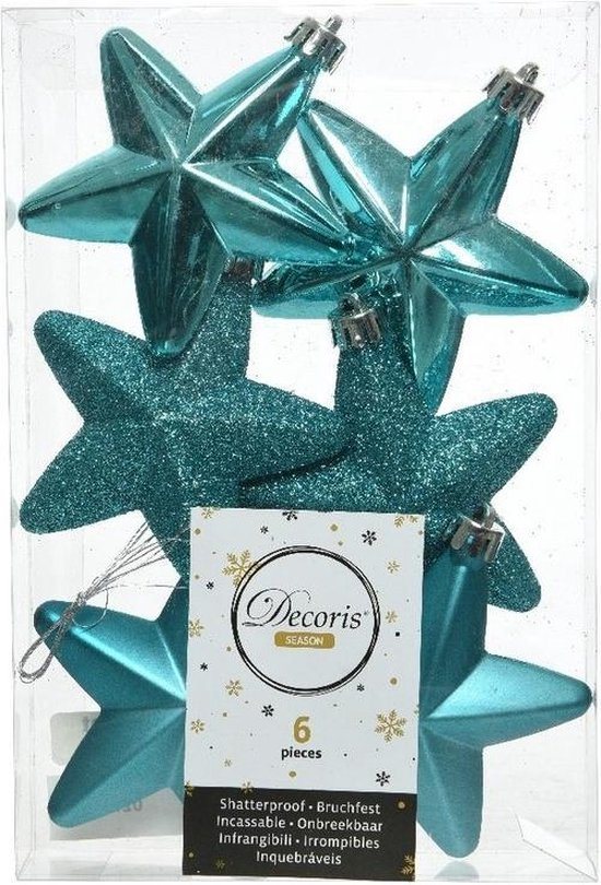 6x Turquoise blauwe sterren kerstballen 7 cm - Glans/mat/glitter - Onbreekbare plastic kerstballen - Kerstboomversiering Turquoise blauw