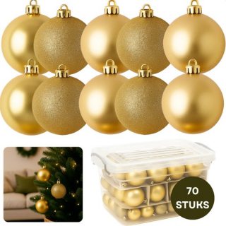 Cheqo® Kerstballen Set Goud - 70 Stuks Kerstballen - Kunststof Kerstballen - Opbergbox Inbegrepen - Mat Glanzend Glitter - Opbergdoos - Kerstversiering Goud - Kerstboom Decoratie - Gouden Kerstballen - Afsluitbaar Deksel