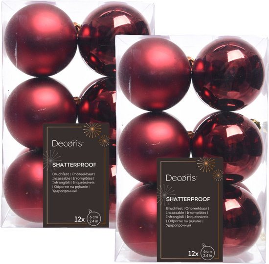 24x Donkerrode kunststof kerstballen 6 cm - Mat/glans - Onbreekbare plastic kerstballen - Kerstboomversiering donkerrood