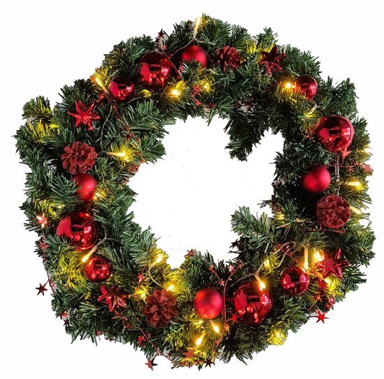 HI Kerstkrans/deurkrans - met decoratie en LED verlichting - rood - D60 cm