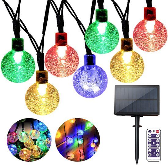 Lueas®- Tuinverlichting op zonne-energie - Solar lichtslinger – Feest verlichting– Lichtsnoer – 60 Leds – 11 meter – Met afstandsbediening – Dimbaar – Glasbolletjes – RGB