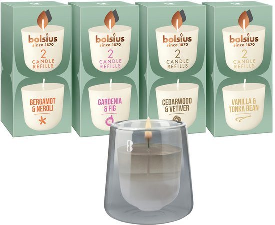 Bolsius - CleanLight - Grijs - Houder en navulbare Geurkaarsen - Starterkit - Met 9 gegeurde Refills