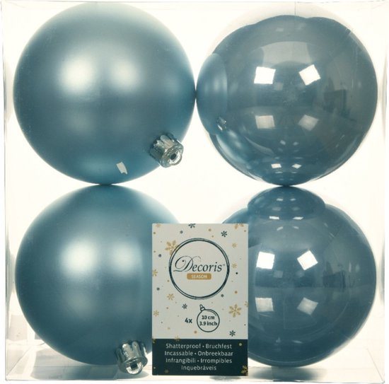 Decoris Grote kerstballen - 4x stuks - kunststof - lichtblauw - 10 cm - kerstversiering