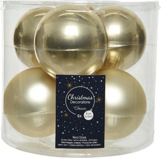 6x Champagne beige glazen kerstballen 8 cm - glans en mat - Glans/glanzende - Kerstboomversiering champagne beige