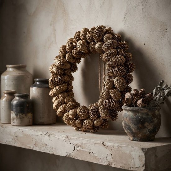 Krans mini dennenappels goud 20cm - kerstkrans goud - decoratieve krans - tafelkrans - deurkrans - winterdecoratie - feestdagen decor