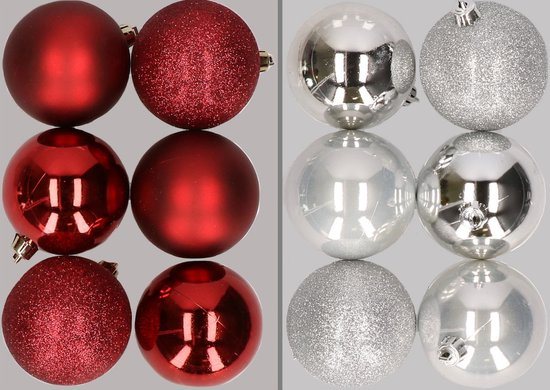 12x stuks kunststof kerstballen mix van donkerrood en zilver 8 cm - Kerstversiering