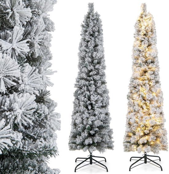 COSTWAY Kunstkerstboom, in potlood-vorm, 180 cm, met sneeuw en verlichting, 150 leds in warm wit, smalle kerstboom met metalen standaard, kunstboom voor Kerstmis van pvc, wit