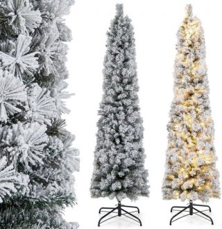 COSTWAY Kunstkerstboom, in potlood-vorm, 180 cm, met sneeuw en verlichting, 150 leds in warm wit, smalle kerstboom met metalen standaard, kunstboom voor Kerstmis van pvc, wit