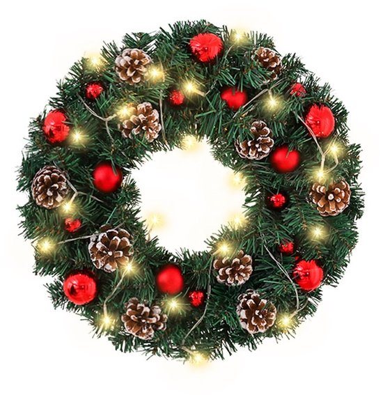 Premium Kerstkrans XL- met Decoraties & LED verlichting(50cm) –Extra volle en dikke takken - Groene dennenkrans met rode kerstballen & dennenappels – 30 LED lampjes – Luxe kerstdecoratie - deurkransen kerstversiering- Kerstmis