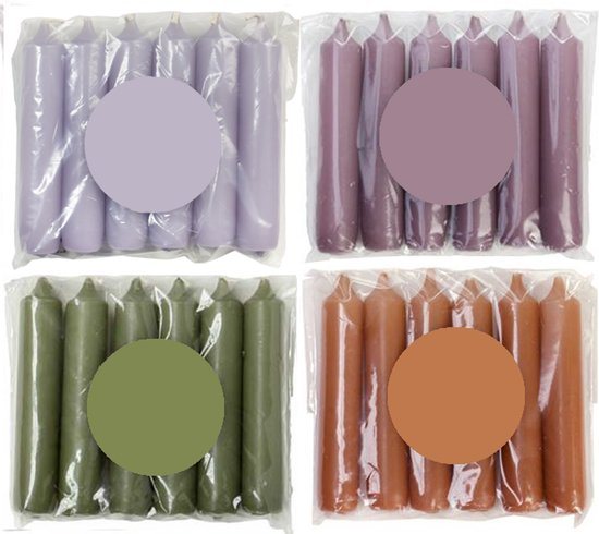 Cactula luxe gekleurde korte dinerkaarsen in Trendy kleuren! 4 pakjes van 6 kaarsen in de kleur Combined - Lila Mauve Thyme Siena 2.1 x 12 cm
