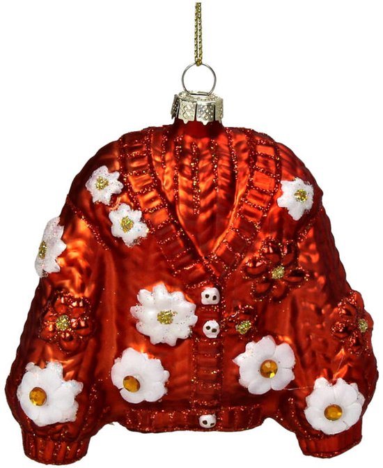 HD Collection – Glazen Kerstornament Hanger – Vintage Gebreid Vest Rood met Bloemen – 11 cm – Sfeervolle Kerstdecoratie