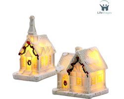 LifeStages - Kerstdorp Basis - Kerstdorp met Verlichting - Kersthuis Miniatuur - Kerstdorp - Kerstdecoratie - 2 Stuks - Wit