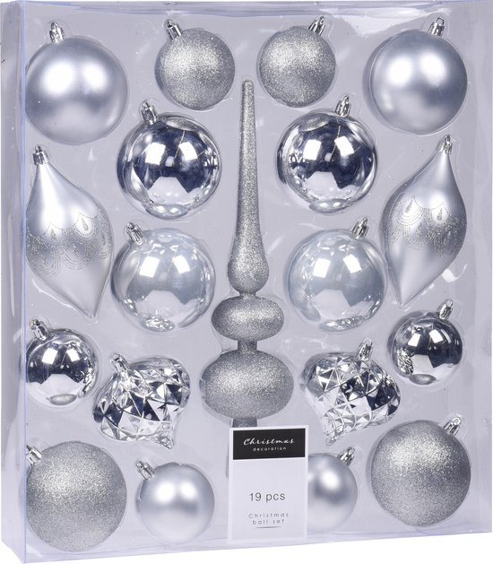 Christmas Decoration Kerstballen pakket - zilver - 18x st kerstballen - incl. piek - kerstversiering