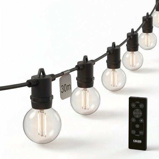 Calex Vista Lichtsnoer 30m - Voor Buiten - Lichtslinger met 50 lampjes - Warm Wit Licht - Tuinverlichting met afstandsbediening - Kerstverlichting