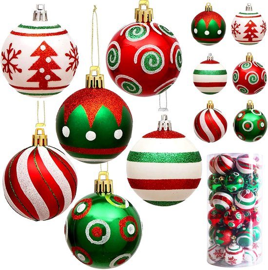 Kerstballen - 30 stuks onbreekbare kerstballen - 6 cm - plastic rode, groene en witte elf glinsterende kerstversieringen - geschikt voor kerstboomversieringen, feestdagen en huisdecoratie