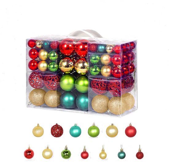 100 stuks kerstbaldecoraties - Onbreekbare kerstboomornamentenset - Kerstboomballen - Kerstdecoratieballen - Met geschenkverpakking - Geschikt voor binnenkerstboomversiering en nieuwjaarsfeestversiering - Rood, groen