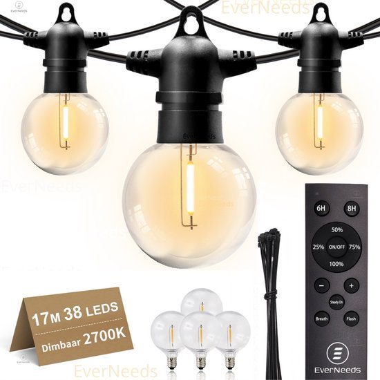 EverNeeds G50 Lichtsnoer Voor Buiten - Prikkabel 17m - 38 LED - IP65 - Dimbaar met Afstandsbediening - Warm Wit 2700K - 4 Extra Leds