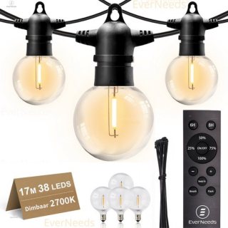 EverNeeds G50 Lichtsnoer Voor Buiten - Prikkabel 17m - 38 LED - IP65 - Dimbaar met Afstandsbediening - Warm Wit 2700K - 4 Extra Leds