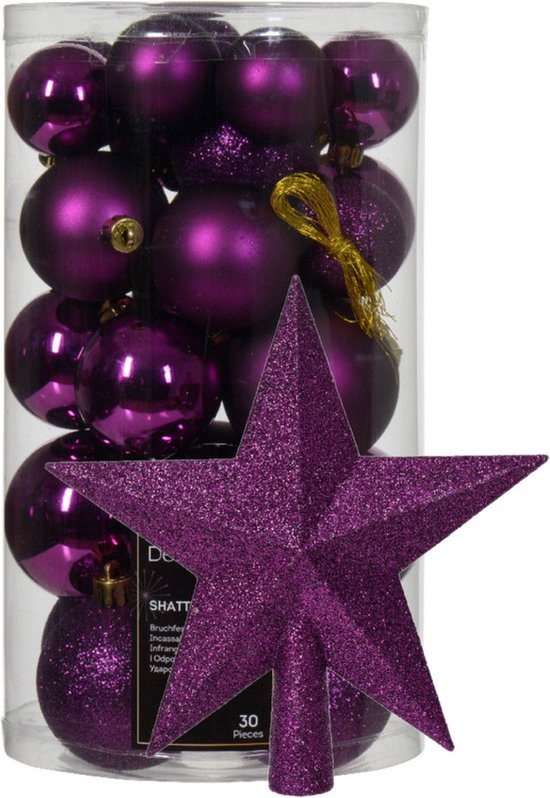 Kerstversiering set - 30x st kerstballen en ster piek - paars - kunststof