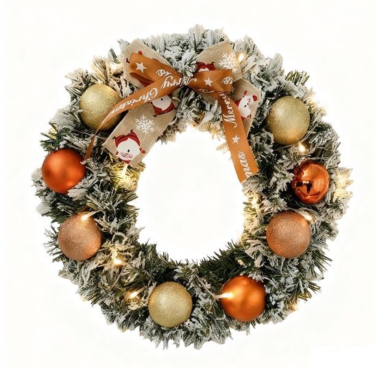 Premium Kerstkrans- met Decoraties & LED verlichting(40cm) - Groen - Met 20 Led Lampjes op Batterijbox - deurkransen kerstversiering- Kerstdecoratie - Kerstmis